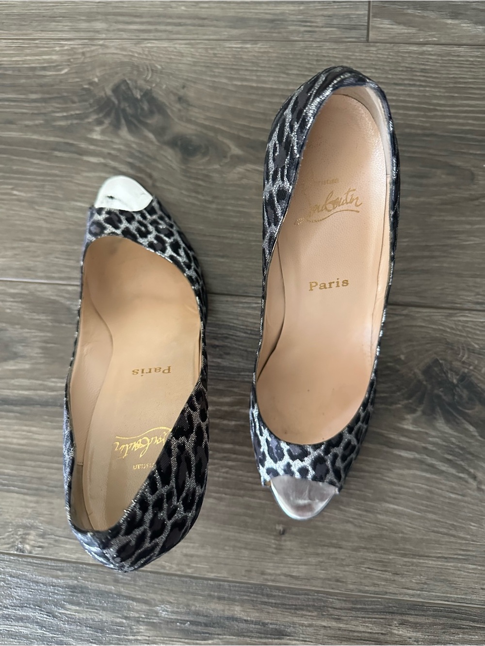 Christian Louboutin Grey Leopard Print Peep-Toe Stiletto Heels - Picture 2 of 8